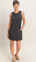 Crew neck, black mini dress