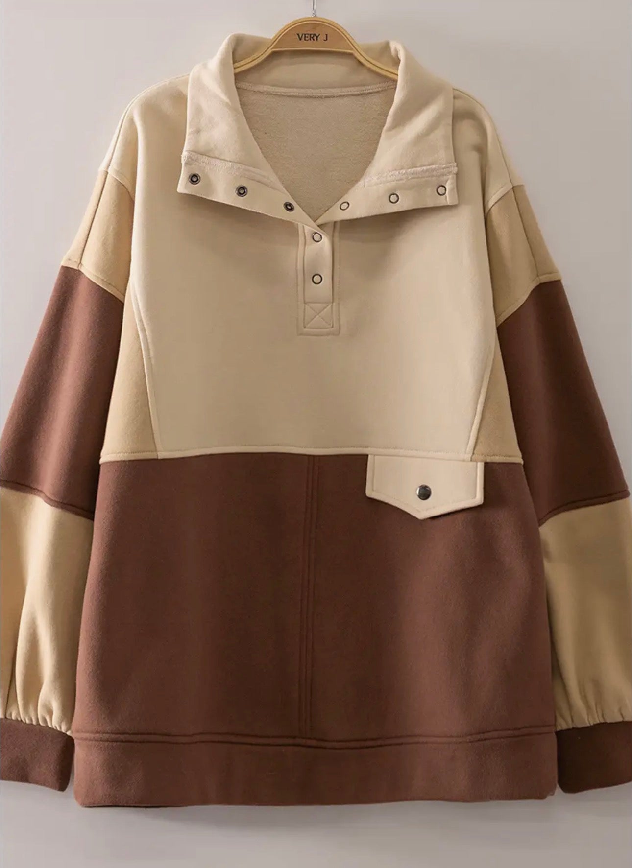 Brown color block snap sweatshirt