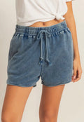 Navy, mineral washed, elastic waist shorts