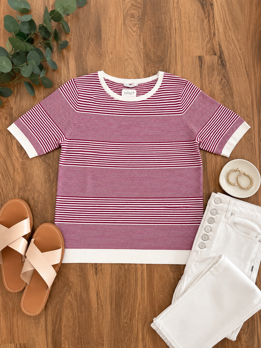 Burgandy striped top.
